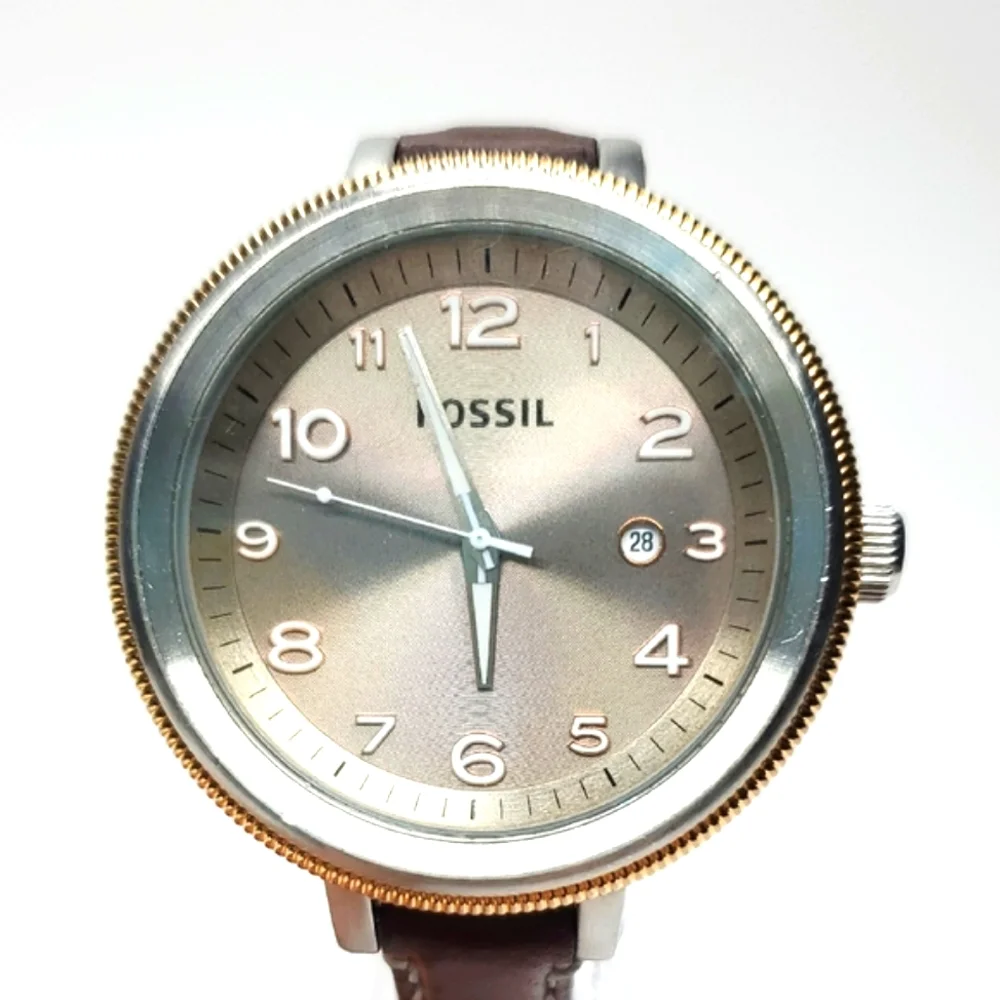 Fossil Watch AM-4304 Silver Gold Watch Brown Leather Band